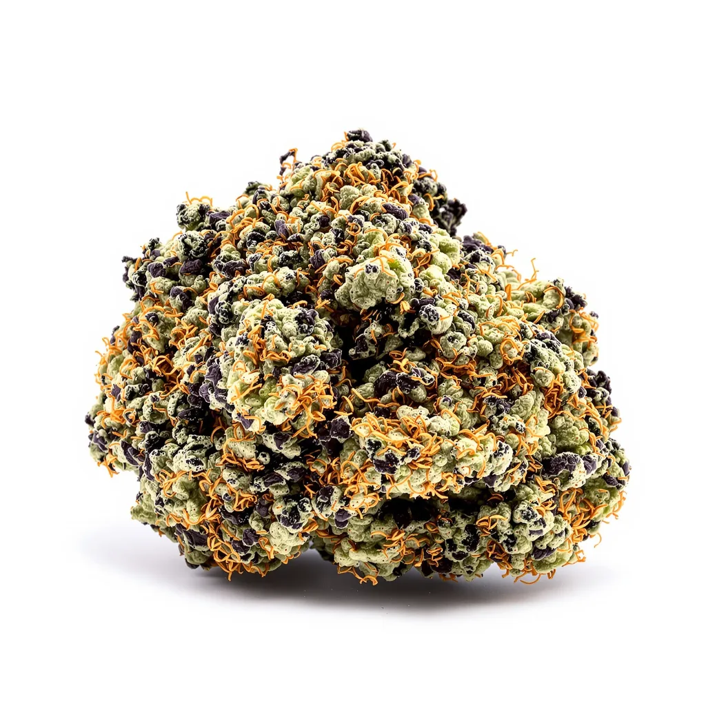 3X Crazy 82% indica / 18% sativa flower with visible trichomes