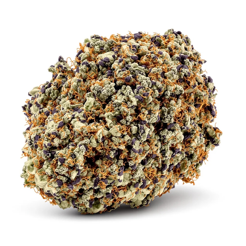9 Pound Hammer 66% indica / 34% sativa flower with visible trichomes