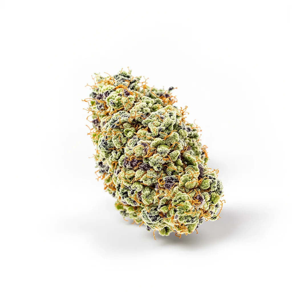 98 Aloha White Widow 59% indica / 41% sativa flower with visible trichomes