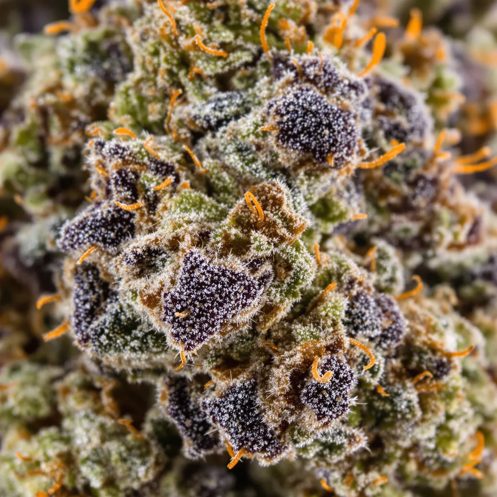 Afghan Hawaiian cannabis bud close-up showing dense purple-tinged calyxes