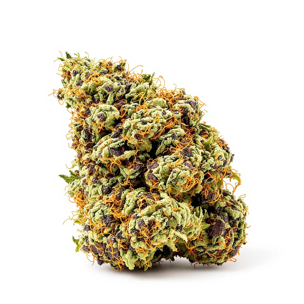 Black 84 86% indica / 14% sativa flower with visible trichomes