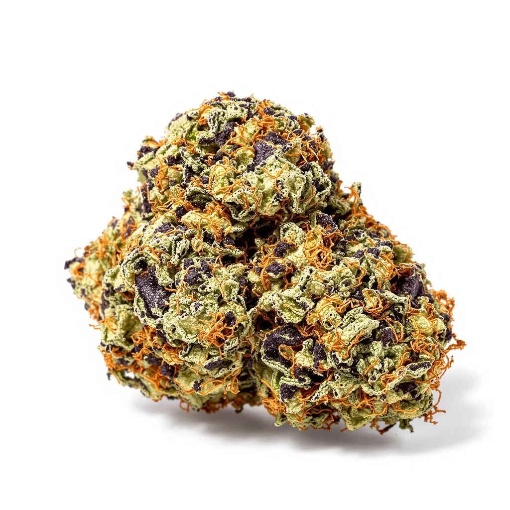 Black Bubba 69% indica / 31% sativa flower with visible trichomes