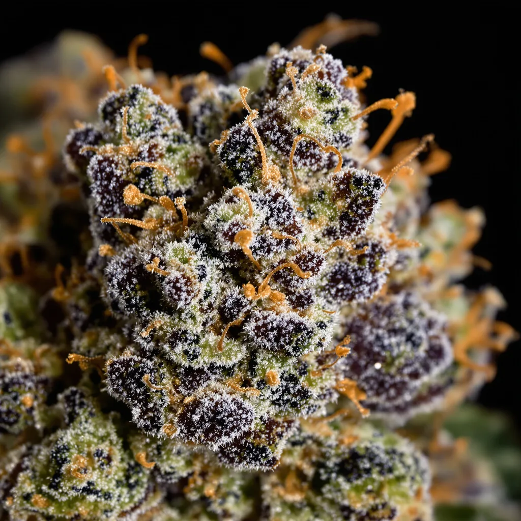 Black Tuna cannabis bud close-up showing dense purple-tinged calyxes