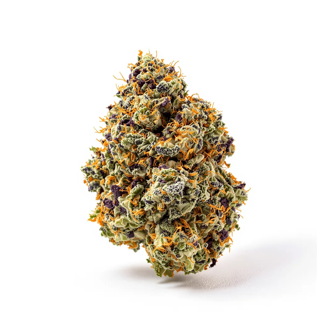 Black Water Purple OG Cheese 66% indica / 34% sativa flower with visible trichomes