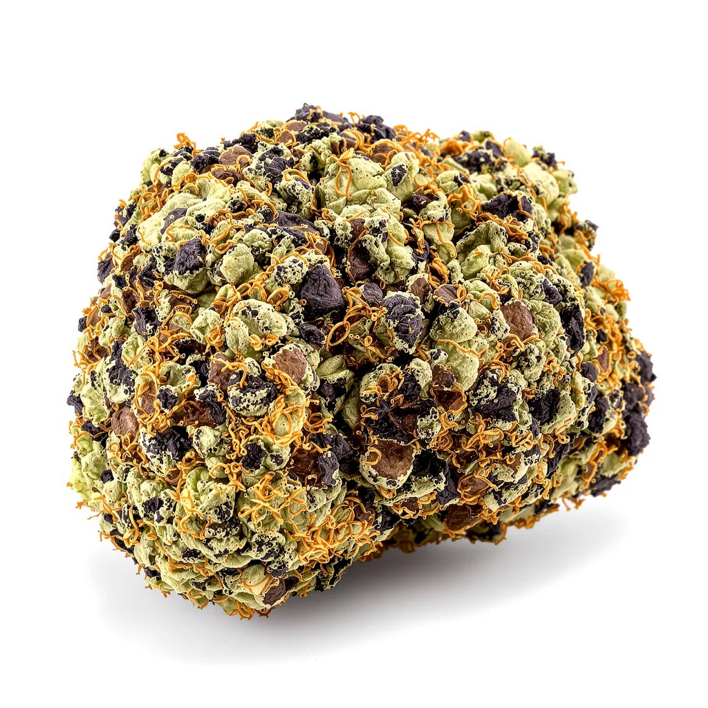 Blue Buddha 69% indica / 31% sativa flower with visible trichomes