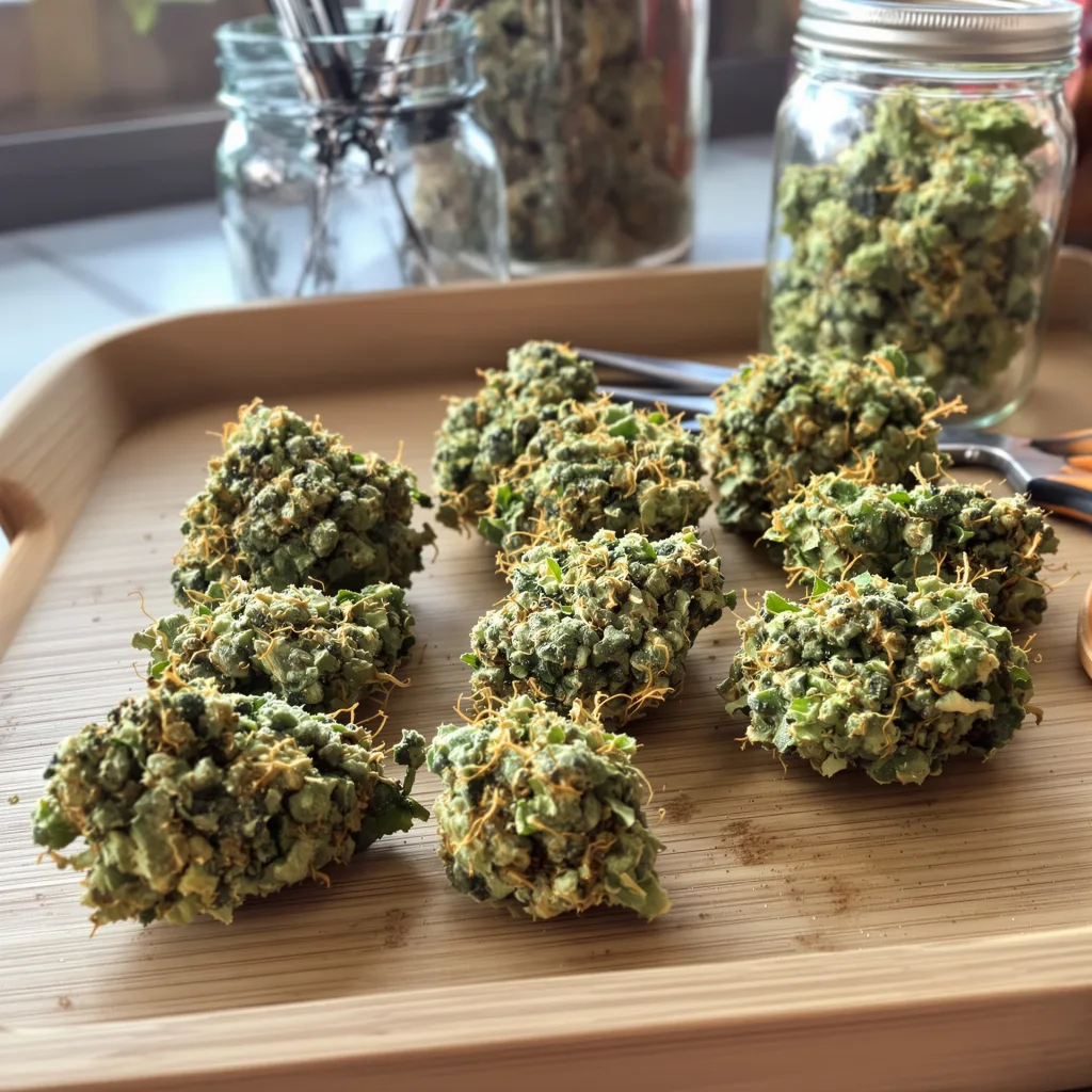 Blue Dream 19% indica / 81% sativa flower with visible trichomes