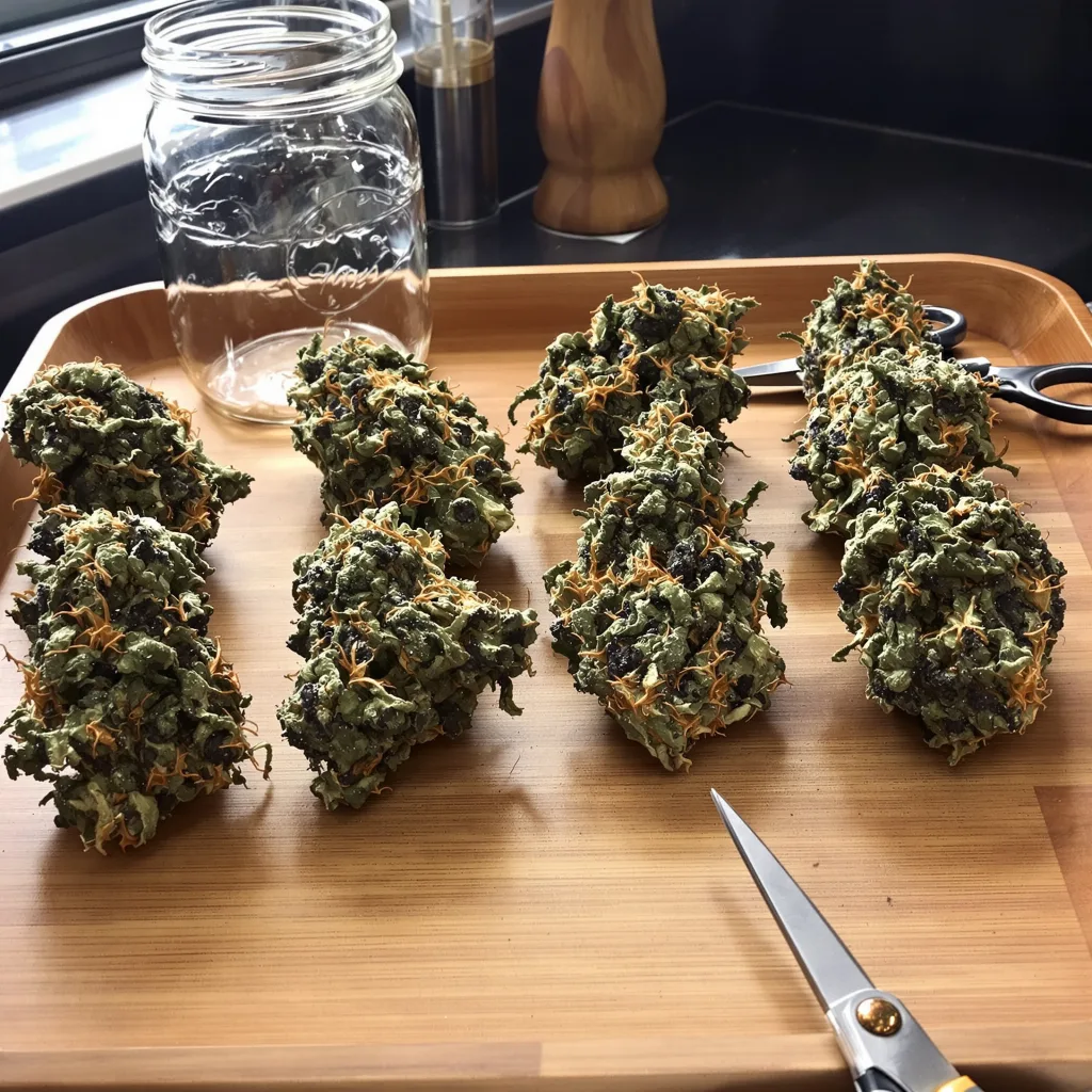 Blue God 100% indica / 50% sativa flower with visible trichomes