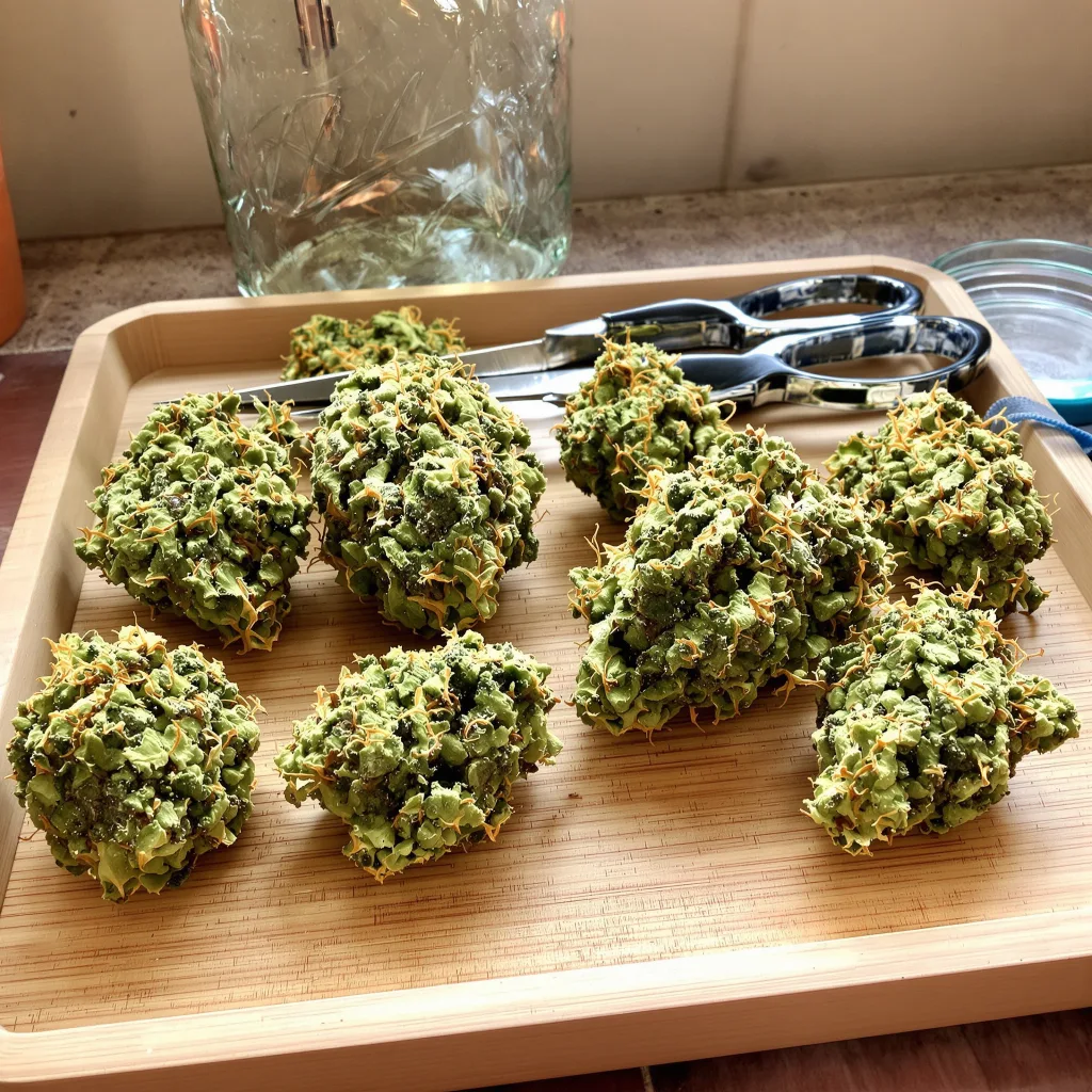 Blue Kiss 12% indica / 88% sativa flower with visible trichomes