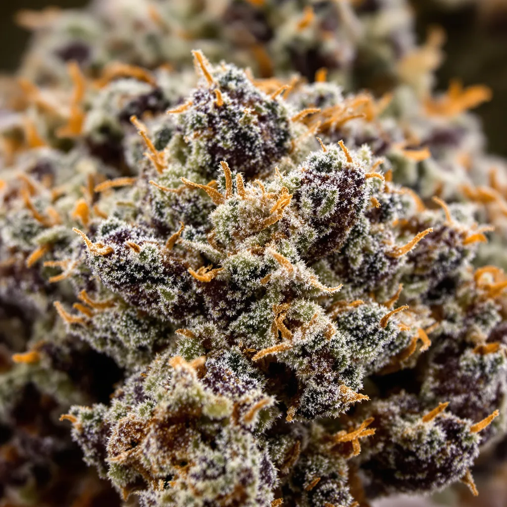 Blue Moon Rocks cannabis bud close-up showing dense purple-tinged calyxes