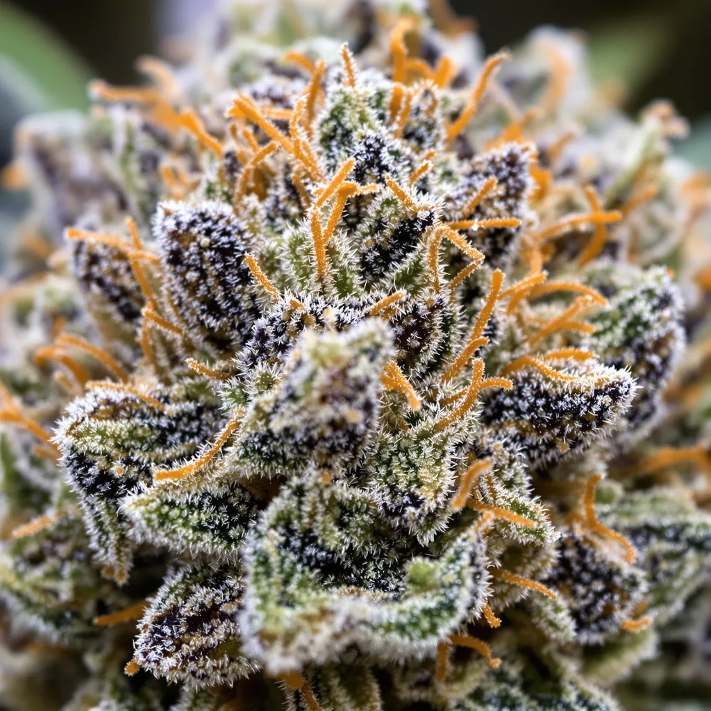 Blue Persuasion cannabis bud close-up showing dense purple-tinged calyxes