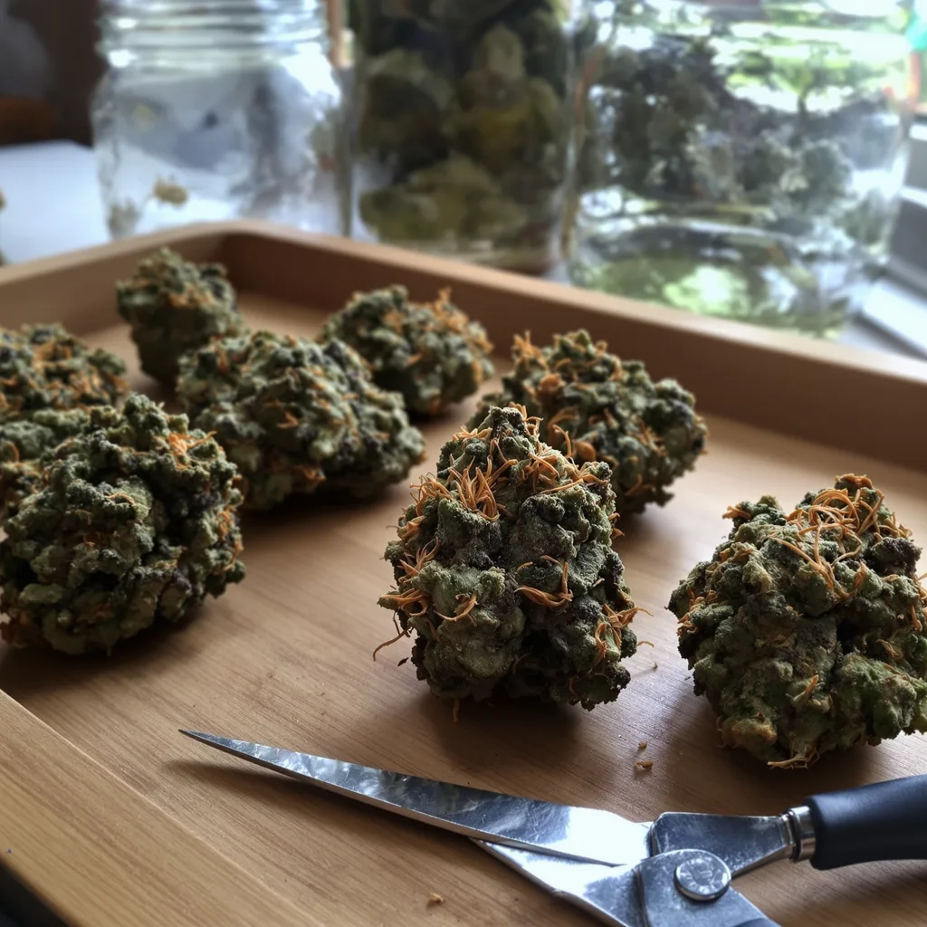 Blue Zombie 66% indica / 34% sativa flower with visible trichomes