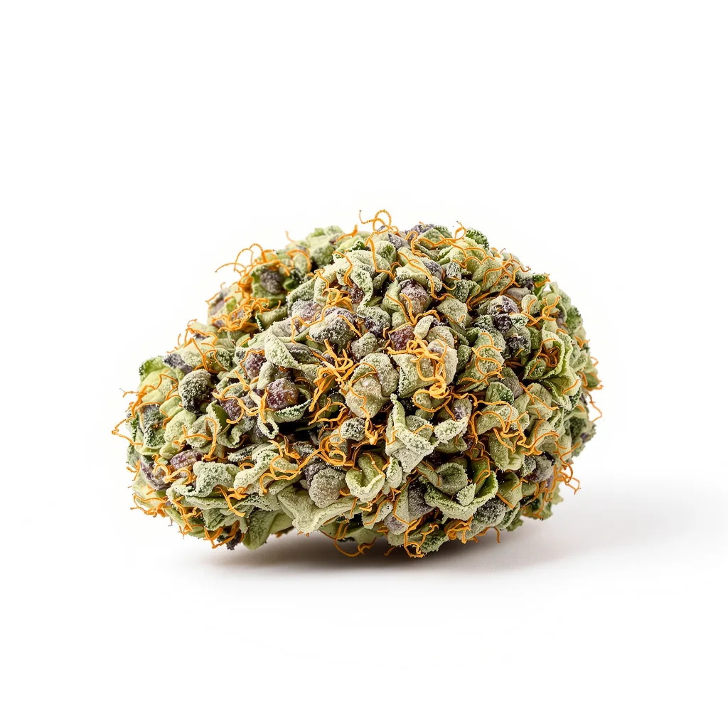 Blue Zushi 35% indica / 65% sativa flower with visible trichomes