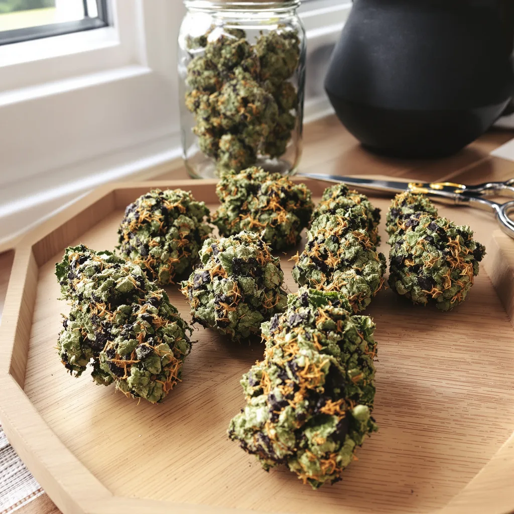 Blueberry Gusto 75% indica / 25% sativa flower with visible trichomes
