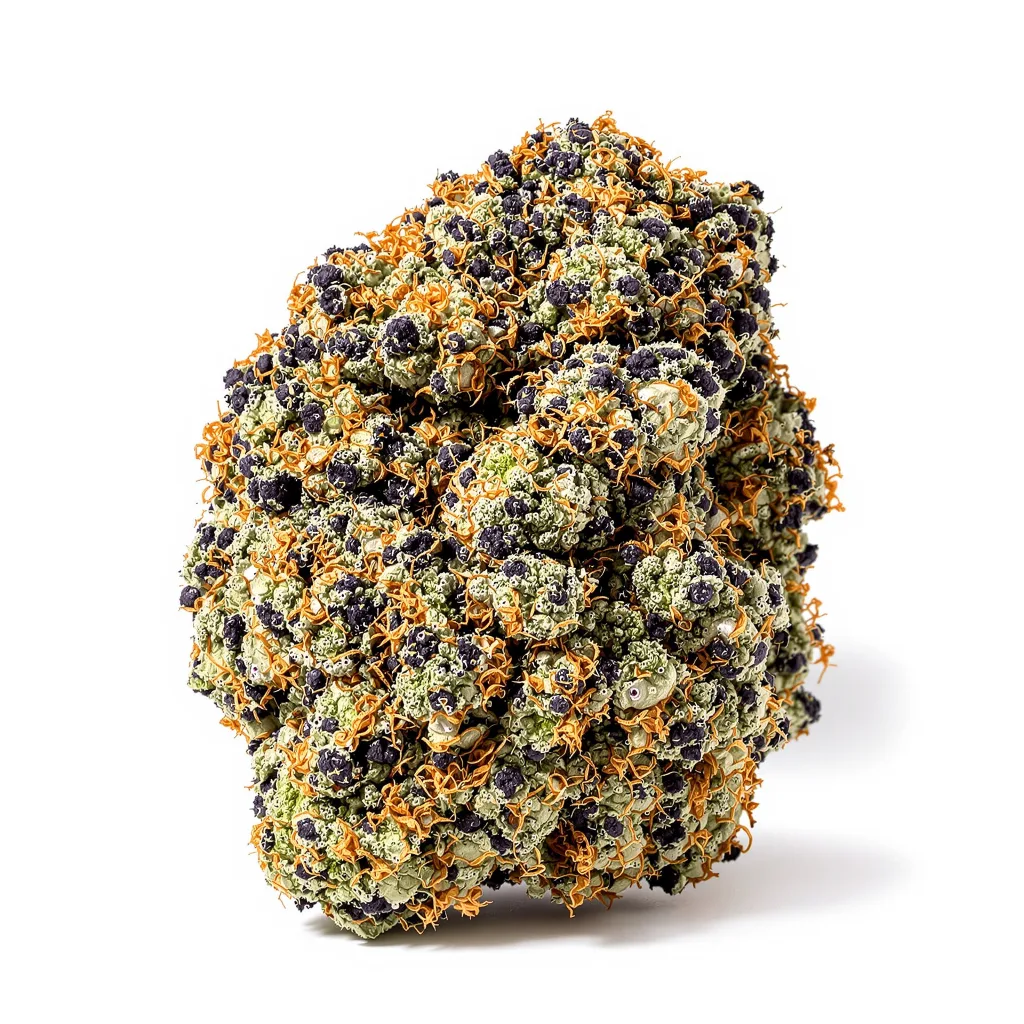 Brains Damage 66% indica / 34% sativa flower with visible trichomes