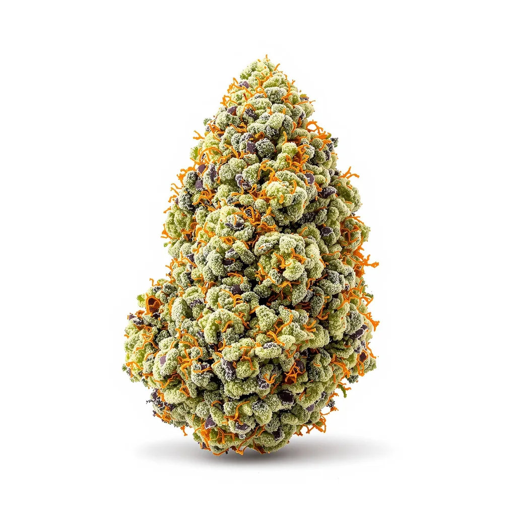 Cake Bomb 44% indica / 56% sativa flower with visible trichomes