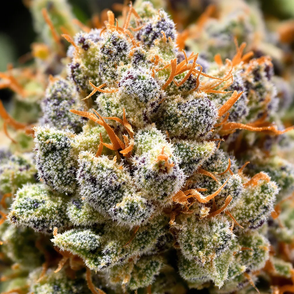 California Grapefruit cannabis bud close-up showing open-bud structure with orange pistils