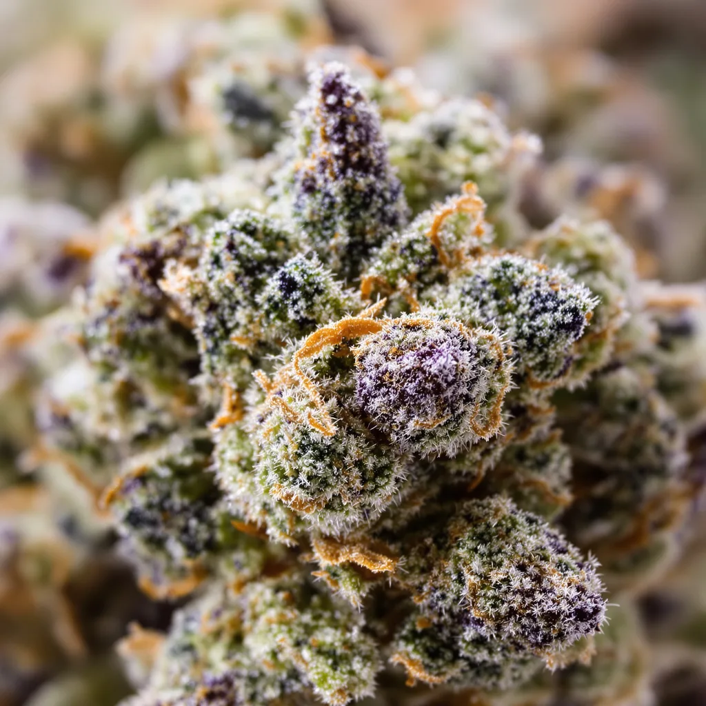 Candyland Peyote cannabis bud close-up showing balanced bud structure with frosted trichomes