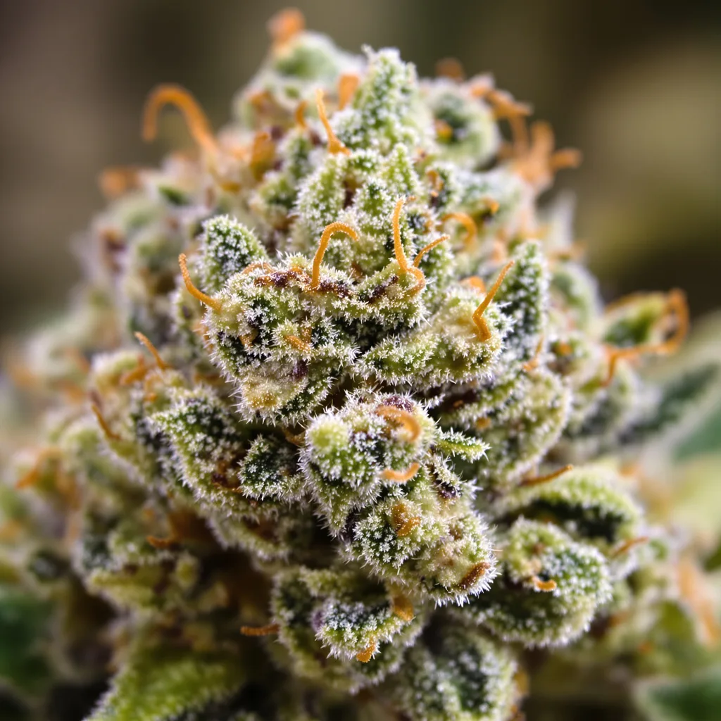 Cookies and Cream cannabis bud close-up showing balanced bud structure with frosted trichomes