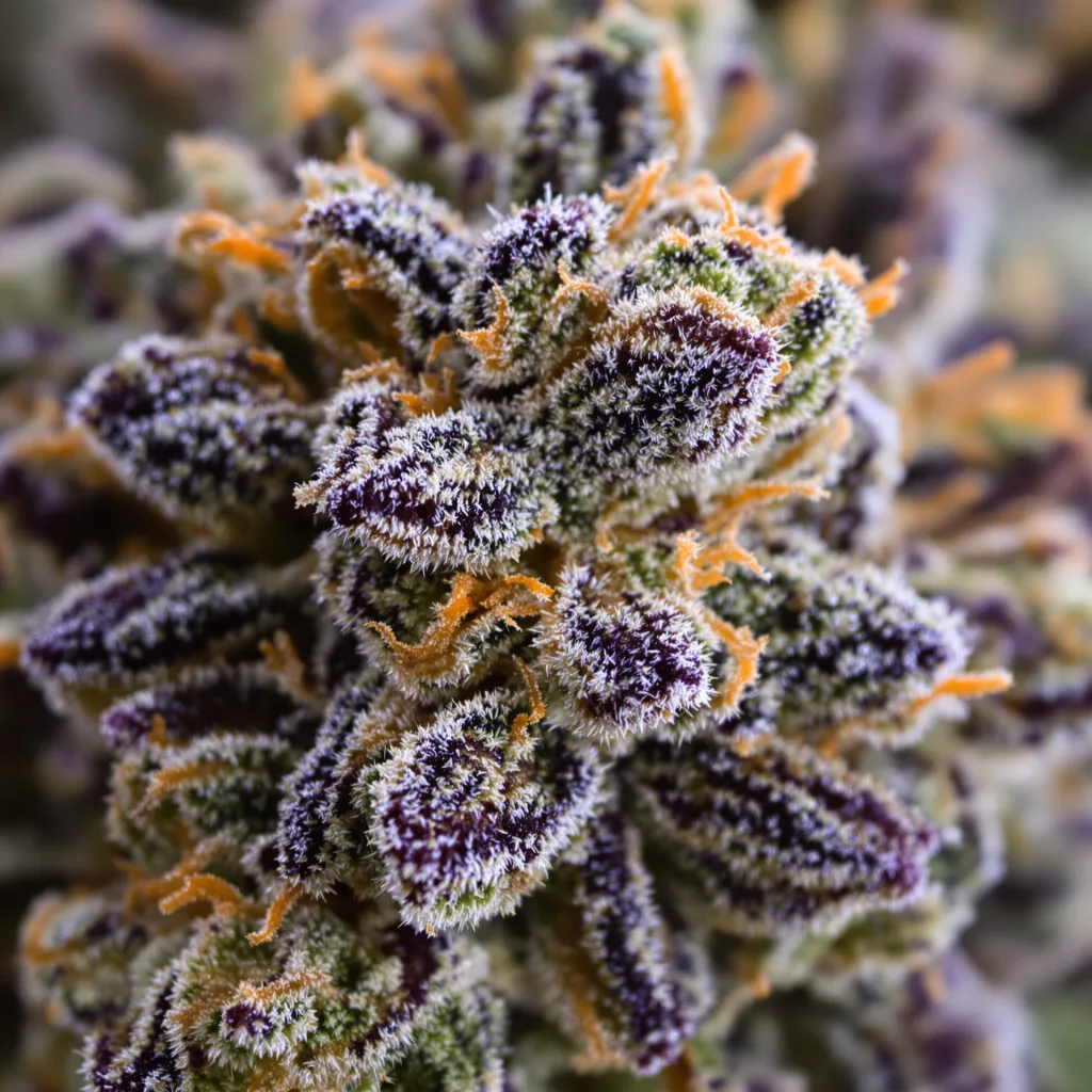 Cream Caramel cannabis bud close-up showing dense purple-tinged calyxes