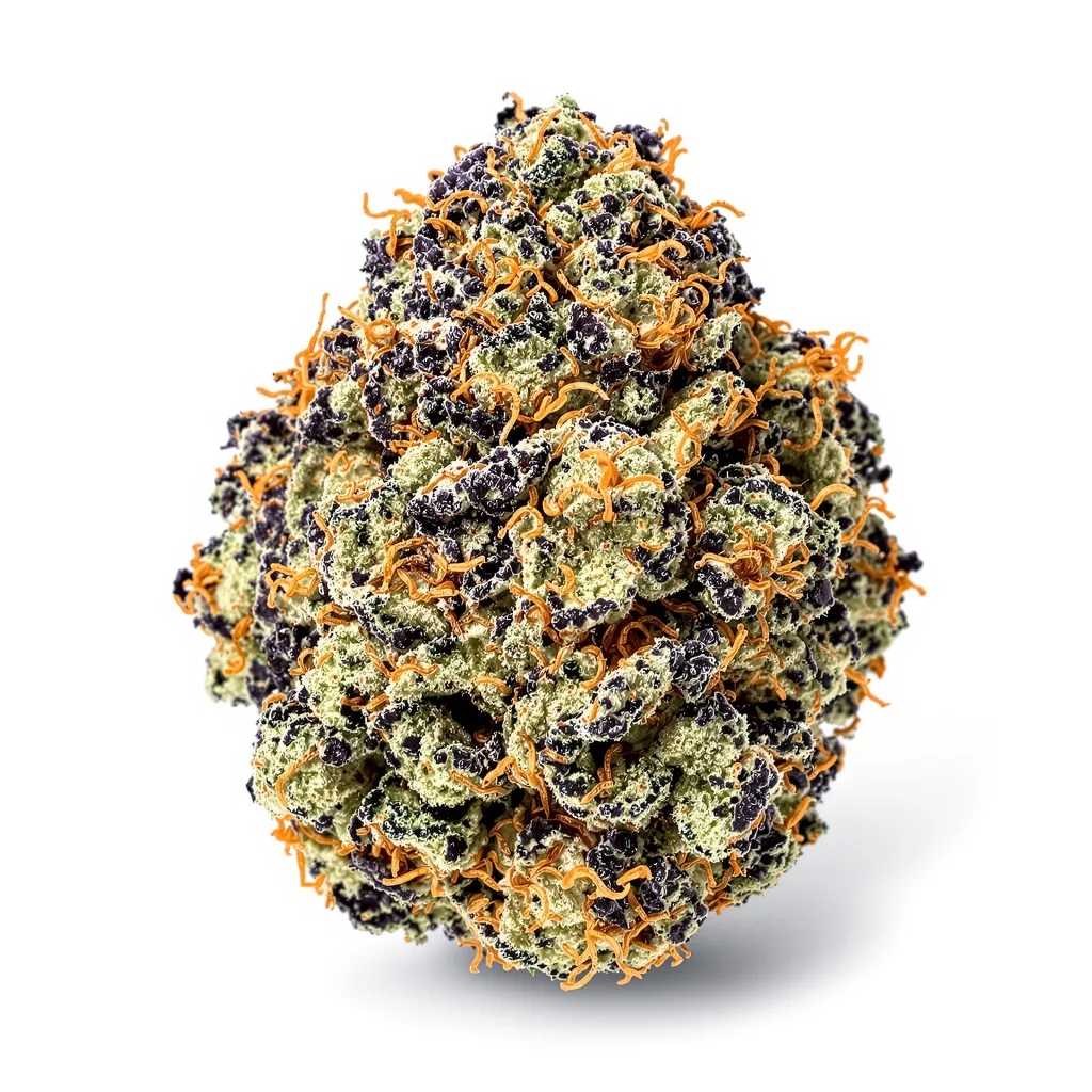 Cream 76% indica / 24% sativa flower with visible trichomes