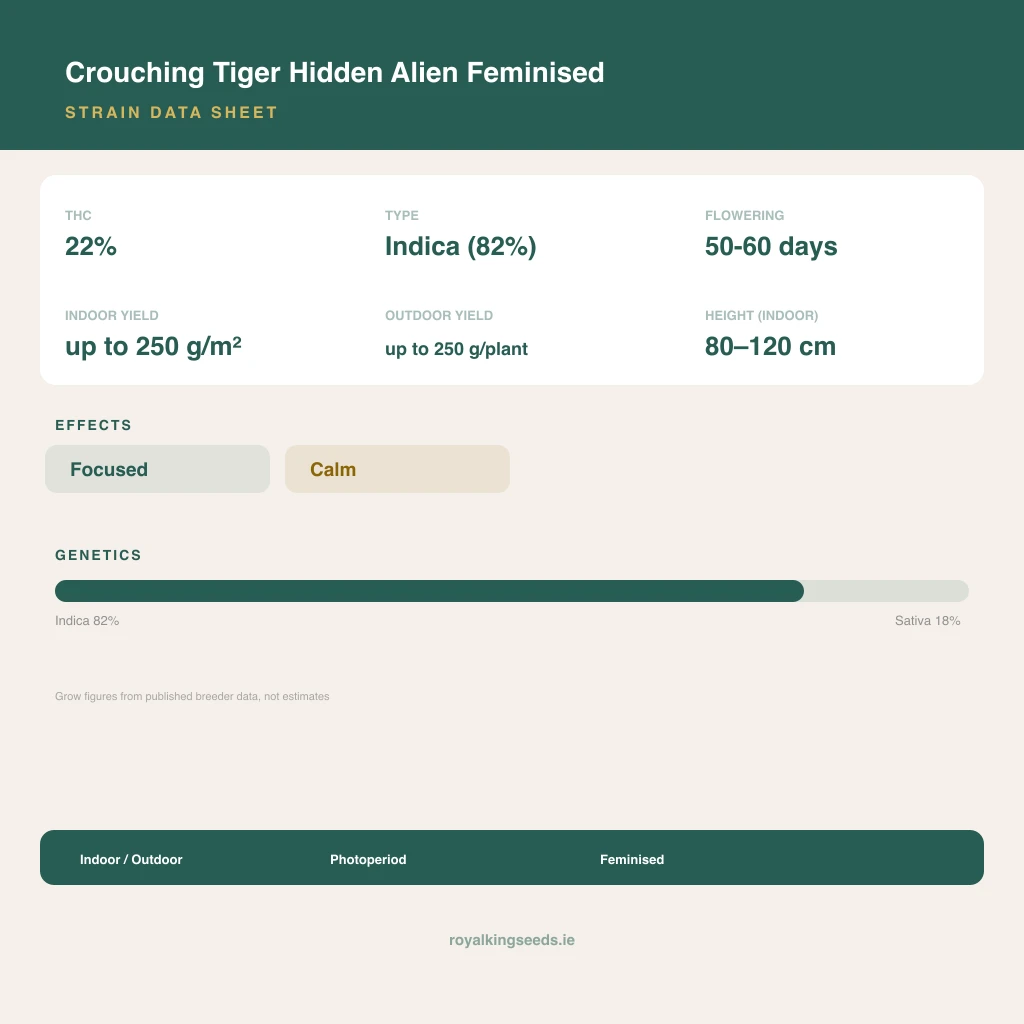 Crouching Tiger Hidden Alien 82% indica / 18% sativa flower with visible trichomes