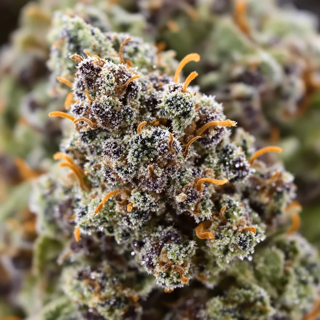 Dark Side of the Moon cannabis bud close-up showing dense purple-tinged calyxes