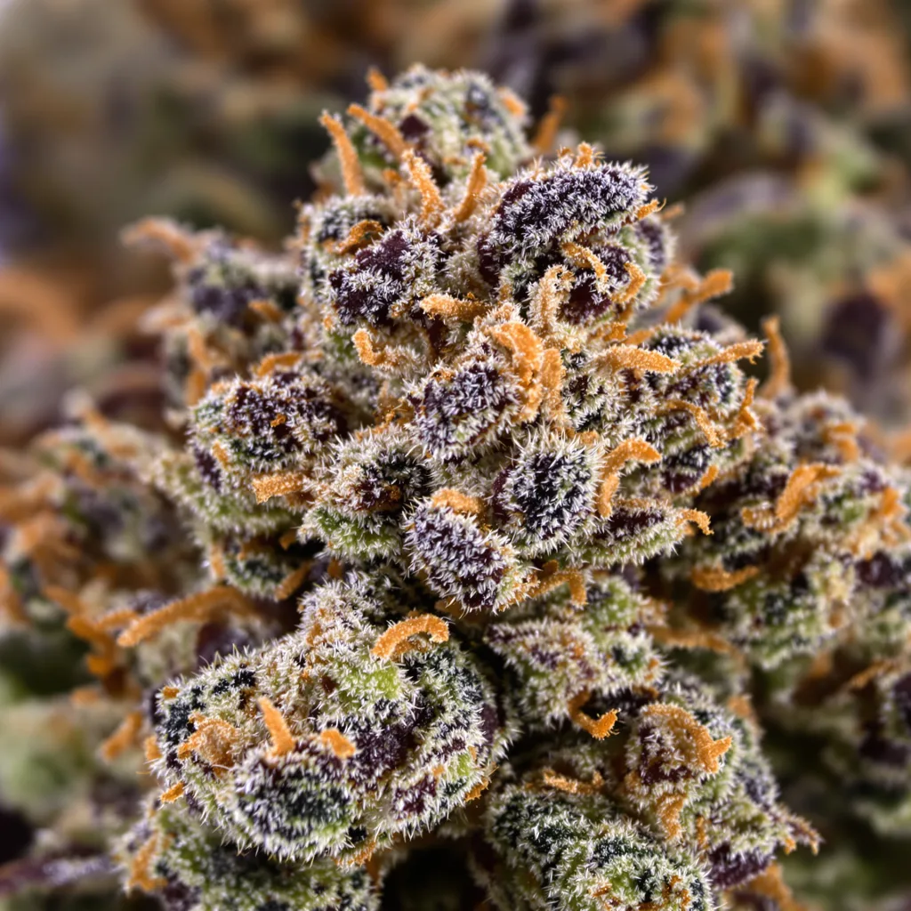 Dutch Treat cannabis bud close-up showing dense purple-tinged calyxes