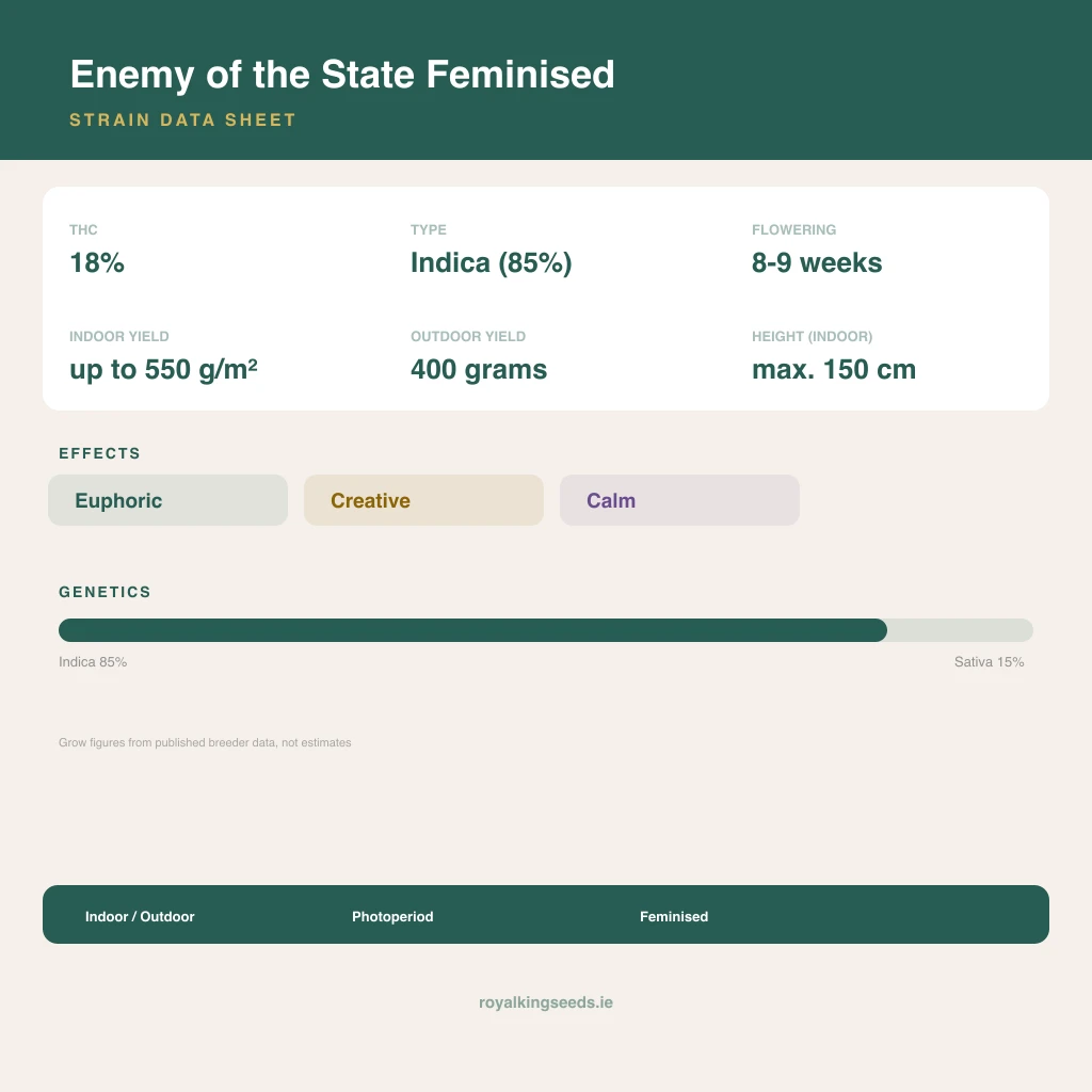 Enemy of the State 85% indica / 15% sativa flower with visible trichomes