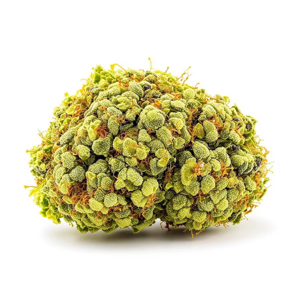 Fat Nelson 16% indica / 84% sativa flower with visible trichomes