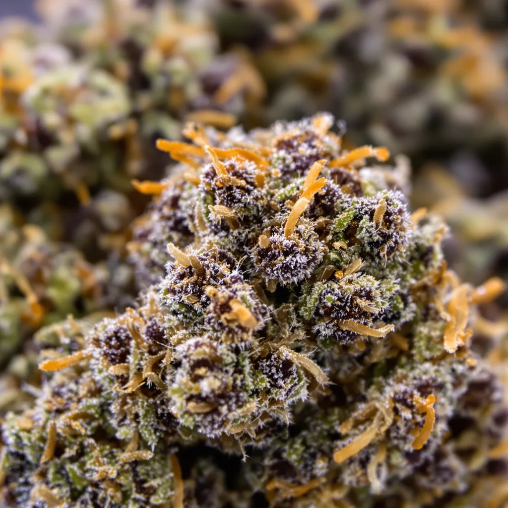 Flowerbomb Kush cannabis bud close-up showing dense purple-tinged calyxes