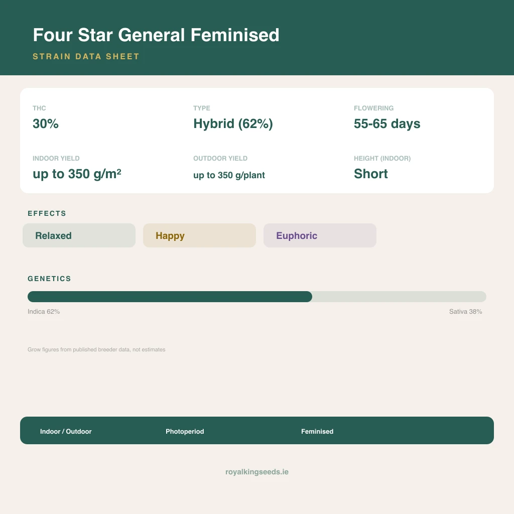 Four Star General 62% indica / 38% sativa flower with visible trichomes