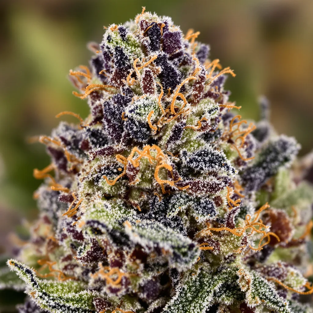 God's Treat cannabis bud close-up showing dense purple-tinged calyxes