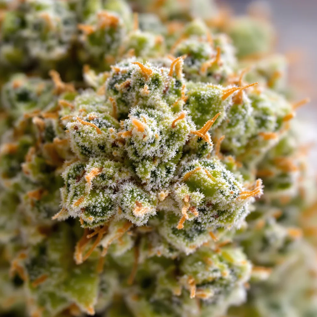 Golden Gate Haze cannabis bud close-up showing lime-green airy structure