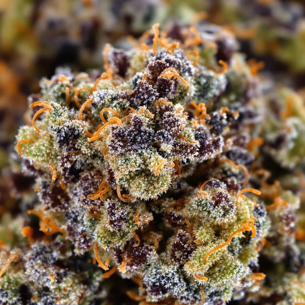 Grand Hindu cannabis bud close-up showing dense purple-tinged calyxes