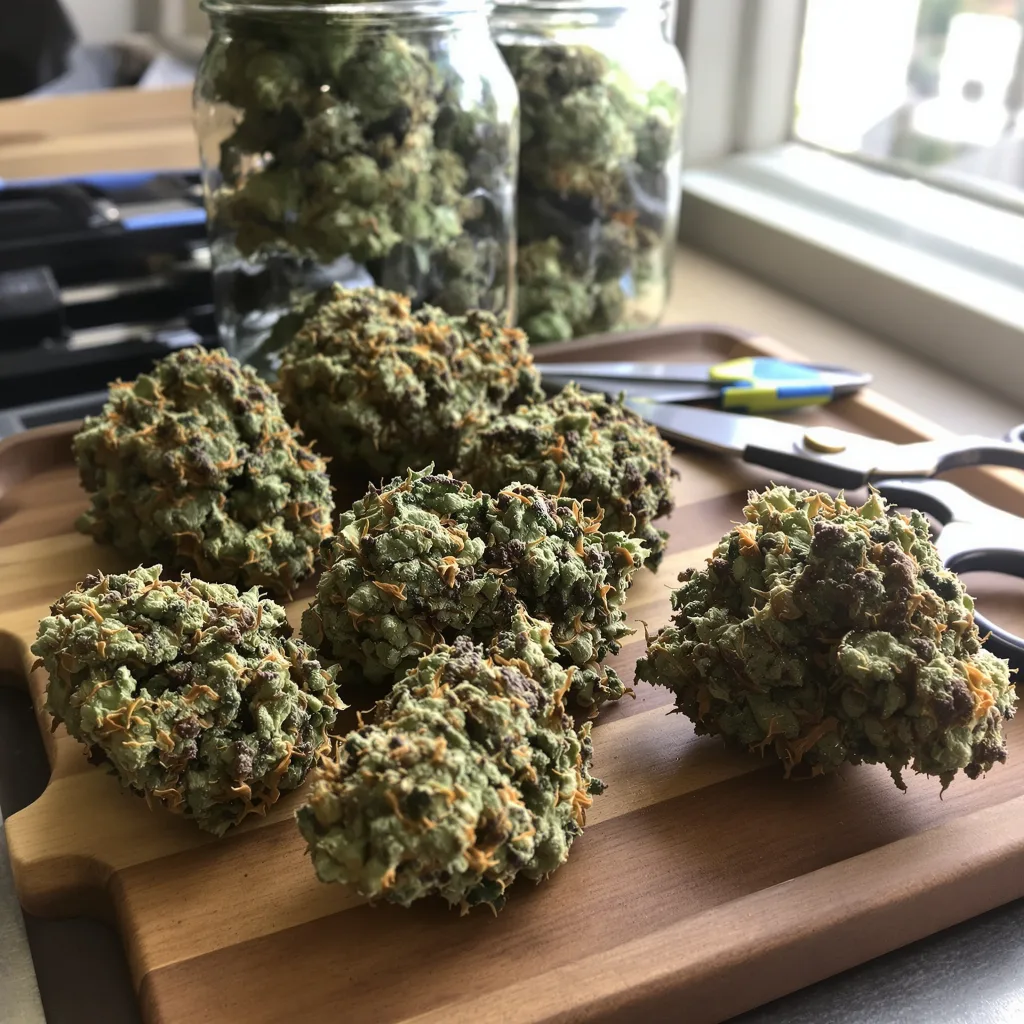 Green Door Kush 36% indica / 64% sativa flower with visible trichomes