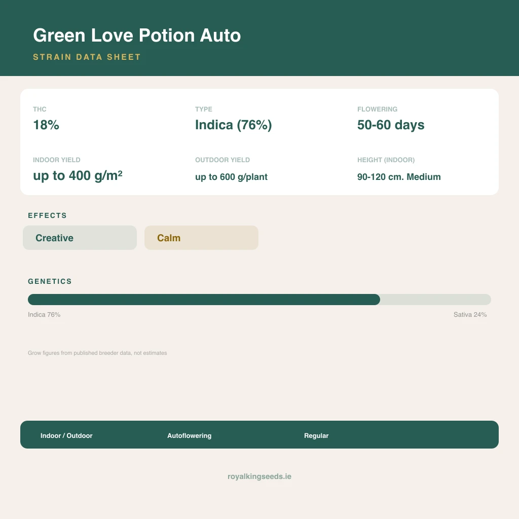 Green Love Potion 76% indica / 24% sativa flower with visible trichomes