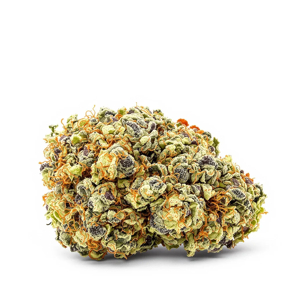 Han Burger 52% indica / 48% sativa flower with visible trichomes