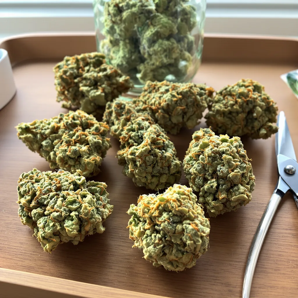 Harlequin CBD 43% indica / 57% sativa flower with visible trichomes
