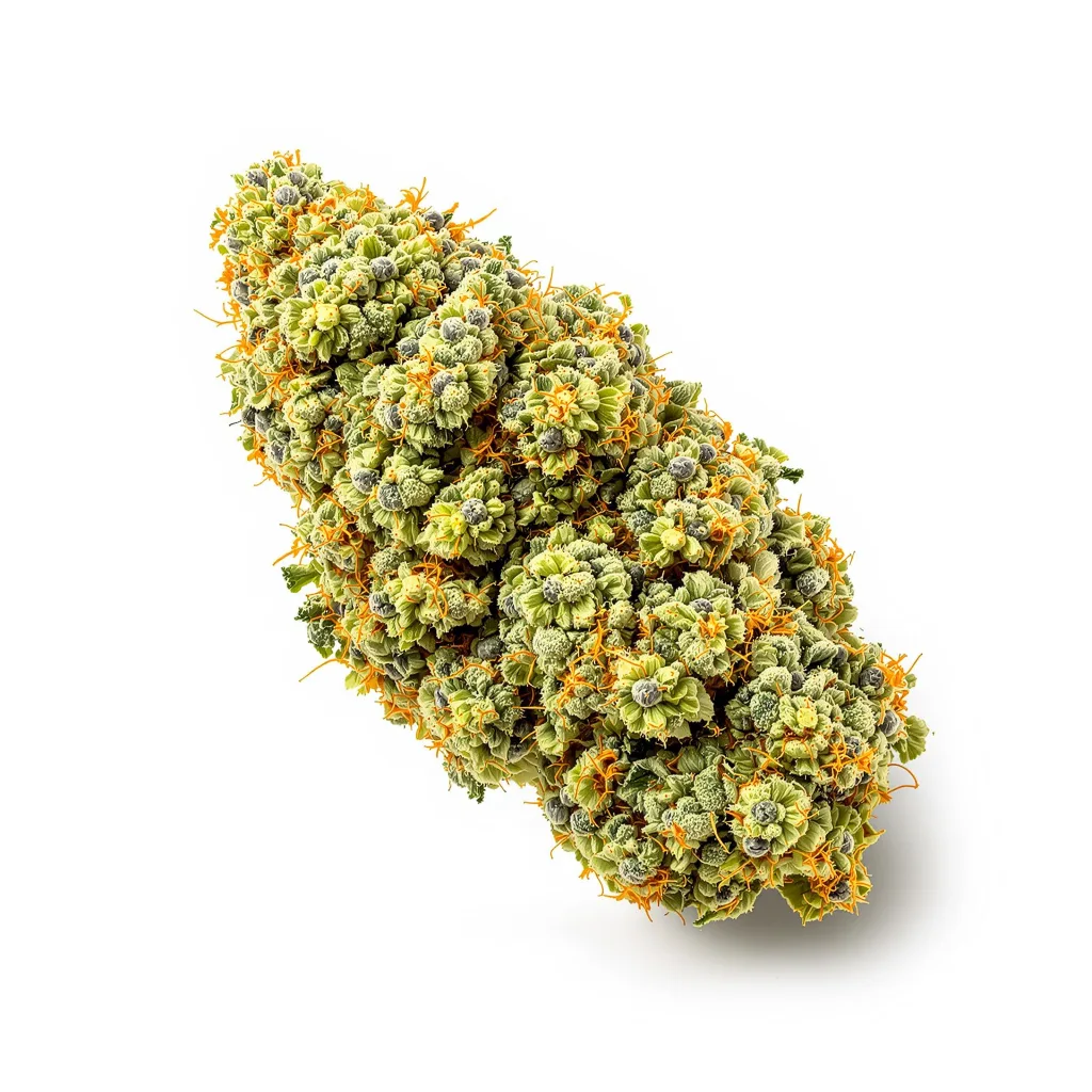 Hawaiian Snow 10% indica / 90% sativa flower with visible trichomes