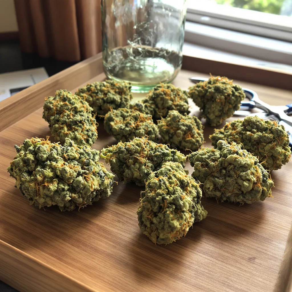 Island Sweet Skunk 25% indica / 75% sativa flower with visible trichomes