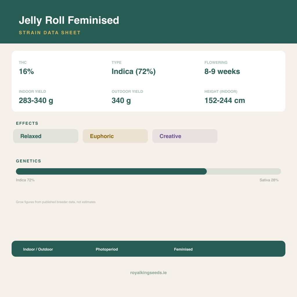 Jelly Roll 72% indica / 28% sativa flower with visible trichomes