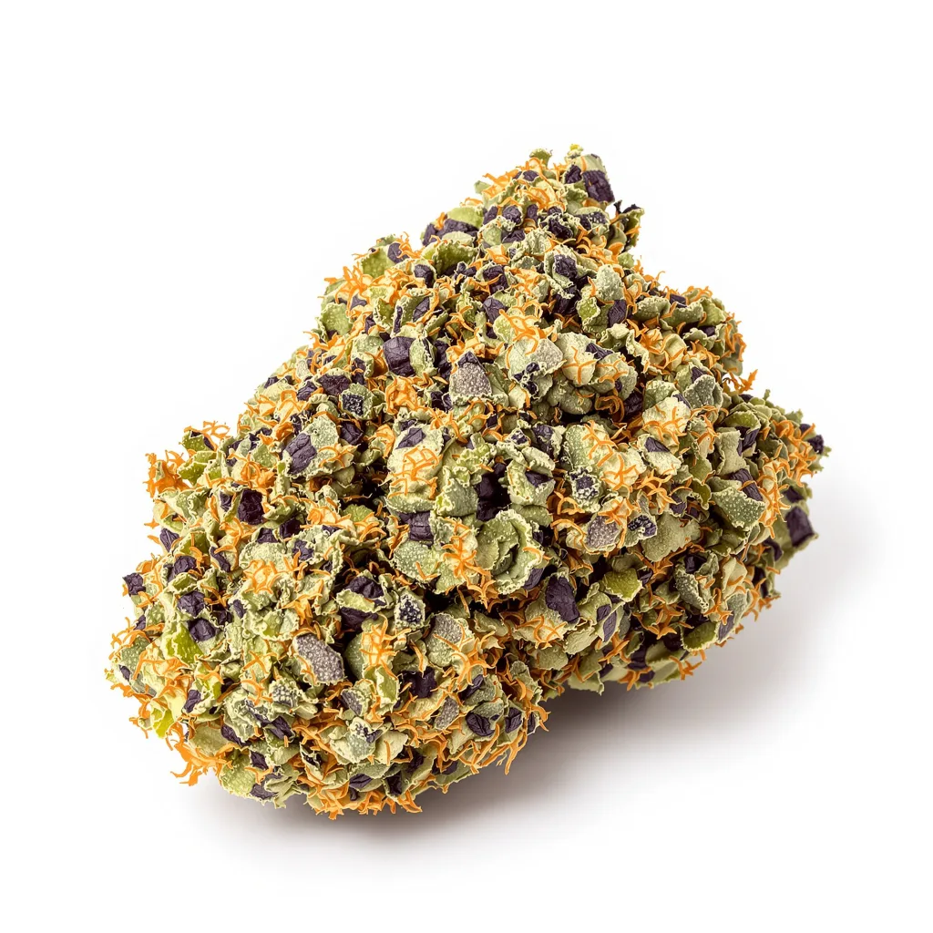 Jelly Roll 72% indica / 28% sativa flower with visible trichomes