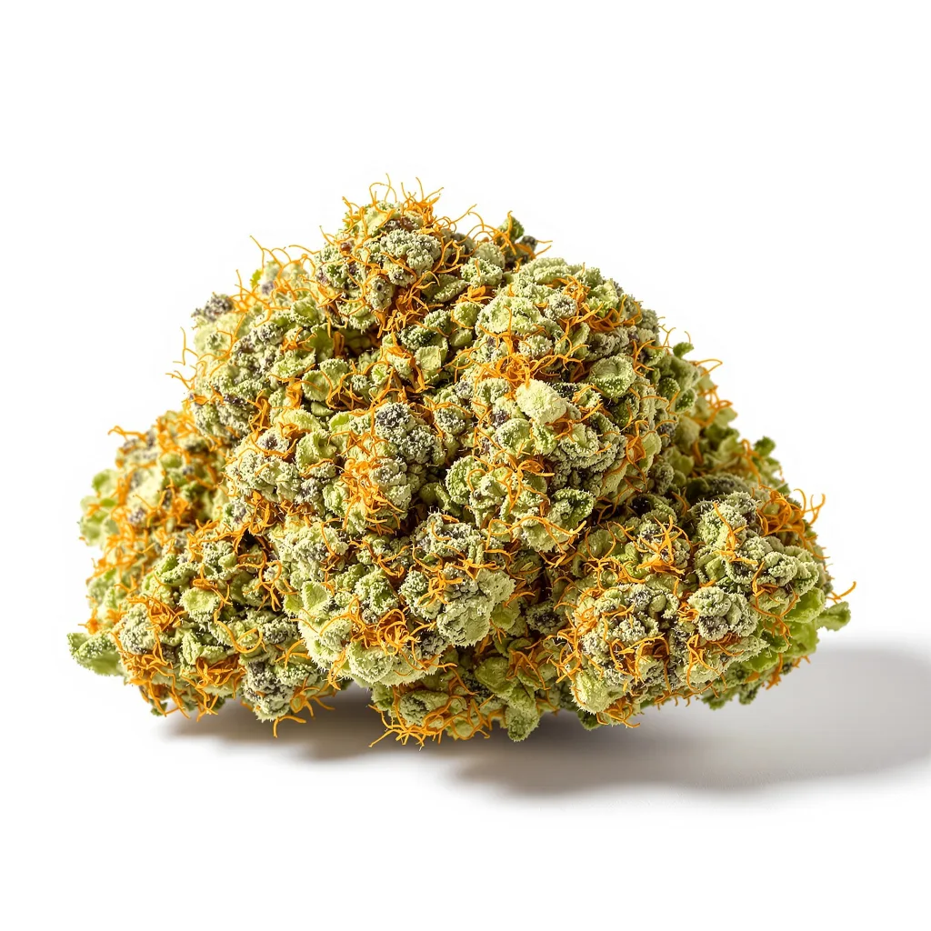 Kahuna 14% indica / 86% sativa flower with visible trichomes
