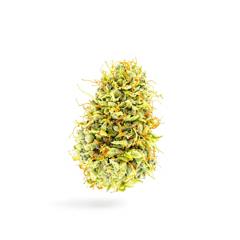 Kahuna 14% indica / 86% sativa flower with visible trichomes