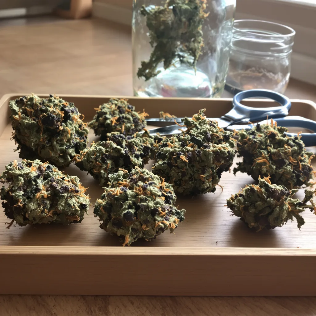 Kelly Hill Gold 77% indica / 23% sativa flower with visible trichomes