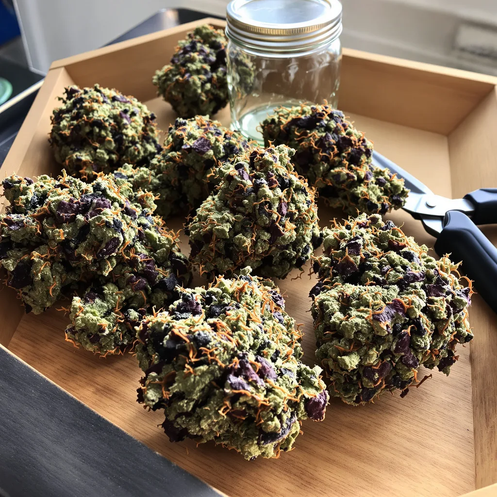 Kid N’ Kookies 68% indica / 32% sativa flower with visible trichomes