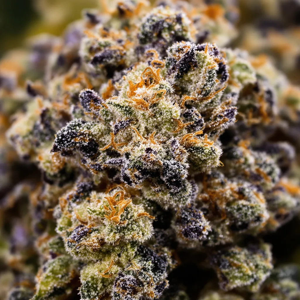 Kimbo Kush cannabis bud close-up showing dense purple-tinged calyxes