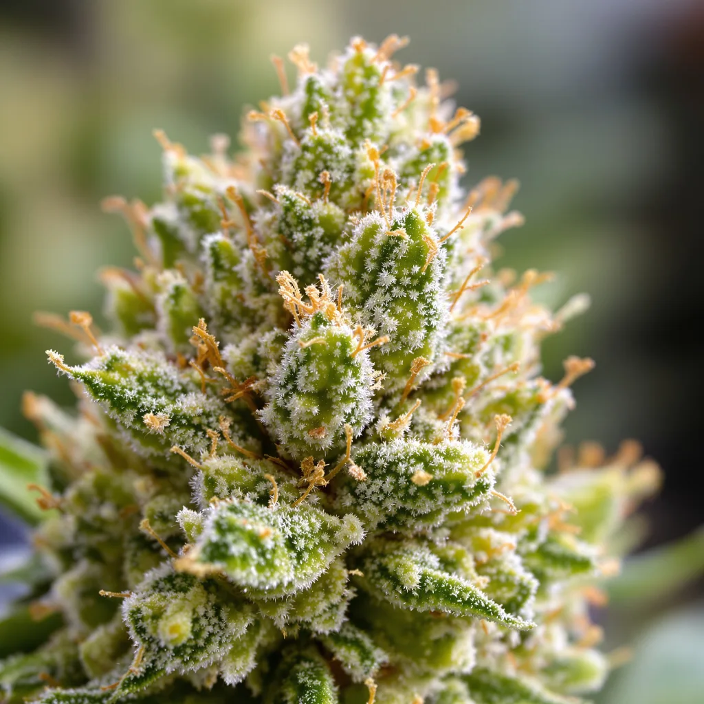 Laughing Buddha cannabis bud close-up showing lime-green airy structure