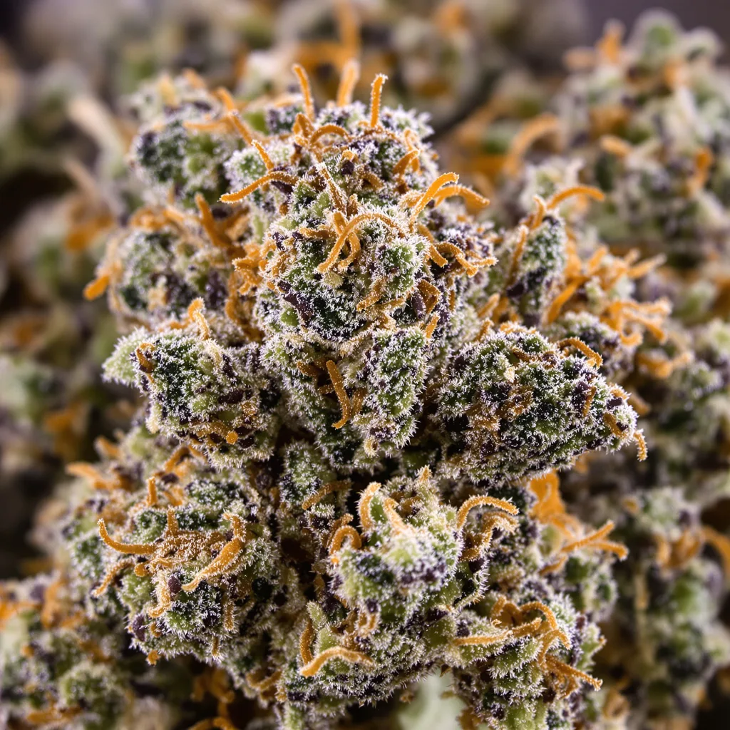 Lemon Garlic OG cannabis bud close-up showing dense purple-tinged calyxes