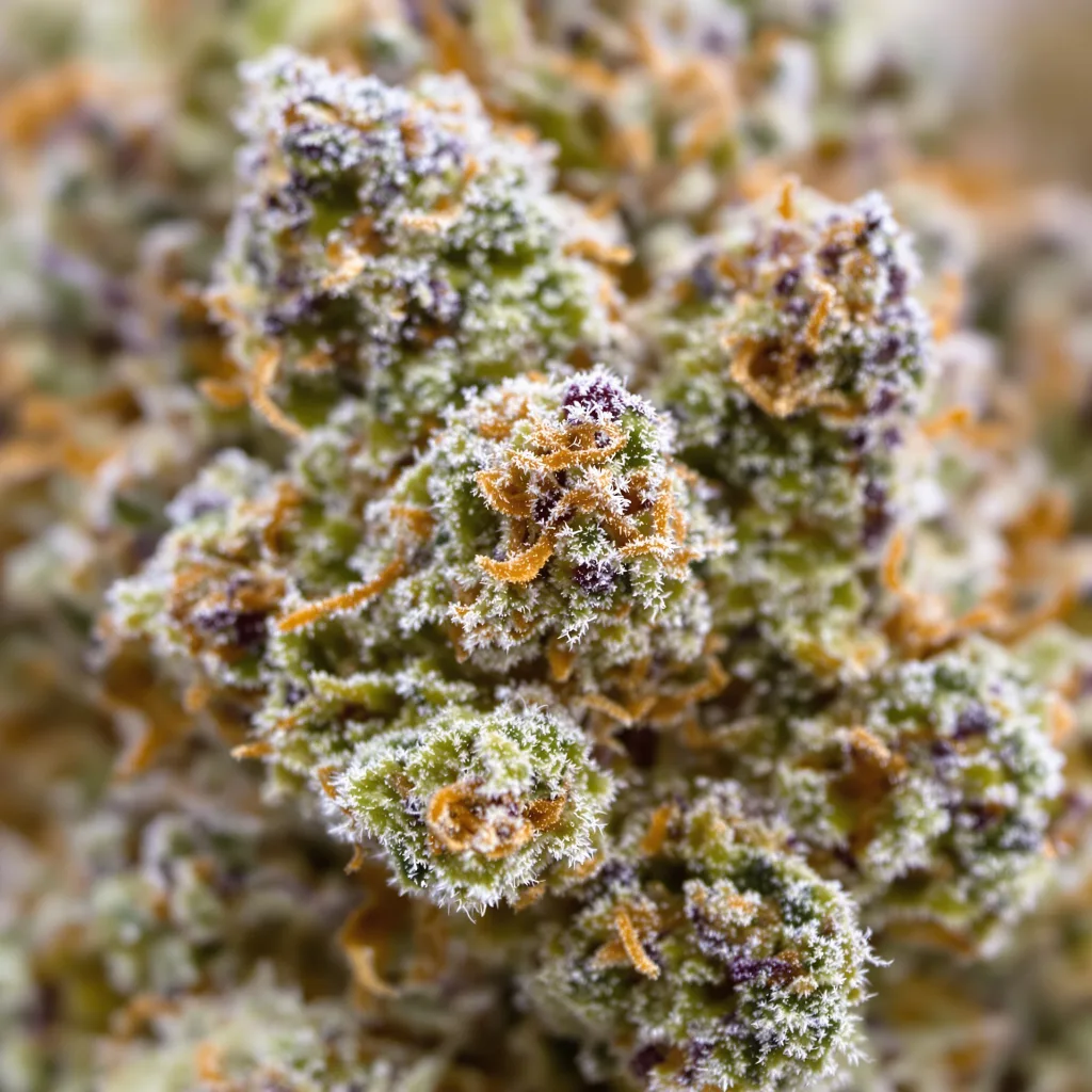 Mango Haze cannabis bud close-up showing open-bud structure with orange pistils